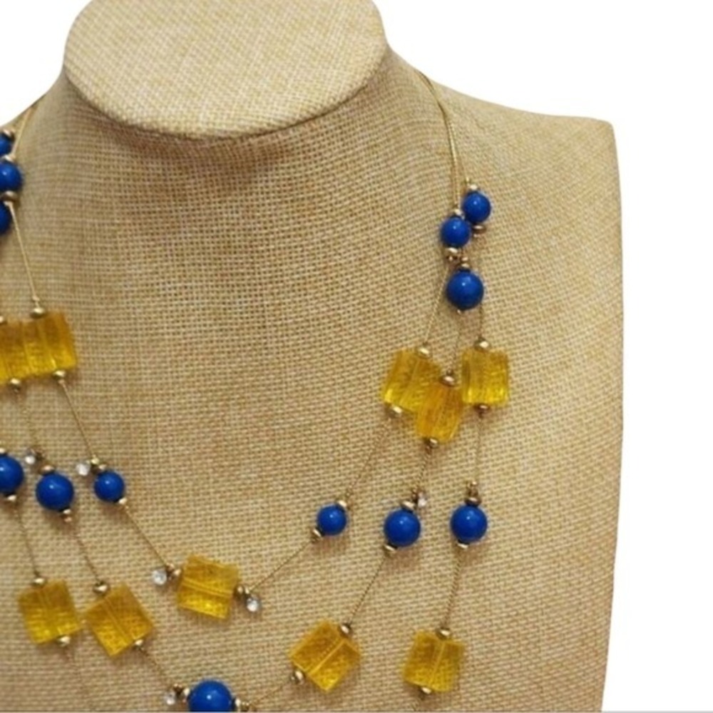 Treska Blue Yellow Multi Strand Layered Statement Necklace Gold Tone Rhinestones - Picture 3 of 6
